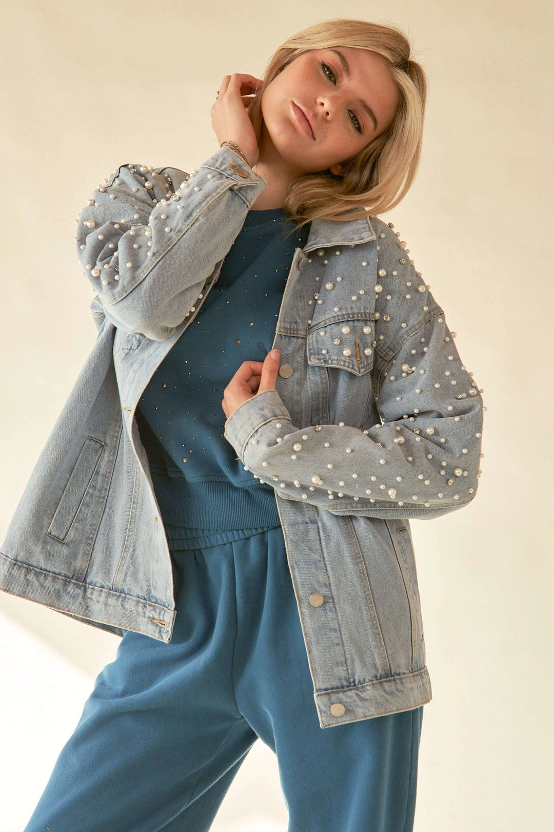 Pearl Rhinestone Denim Jacket by Davi & Dani