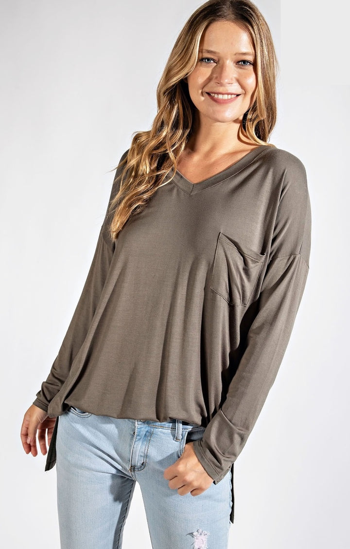 Final Sale: Basic Long Sleeve Pocket Top  by Rae Mode - Olive