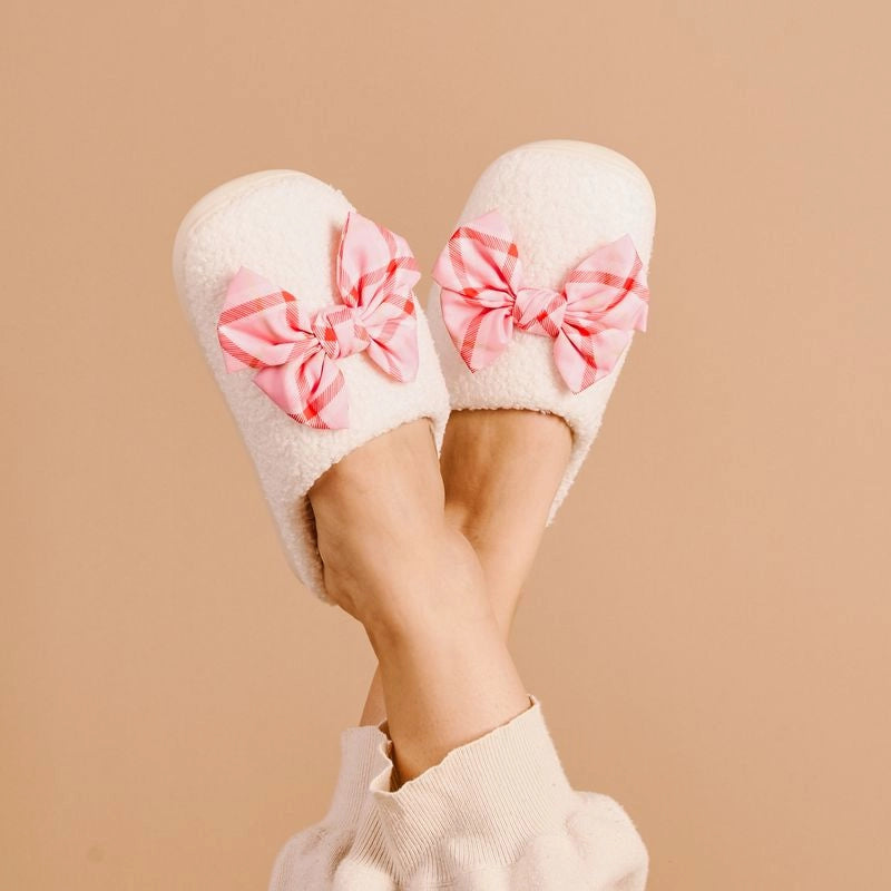 Betty Bow Fuzzy Slippers - Festive Plaid by the Darling Effect