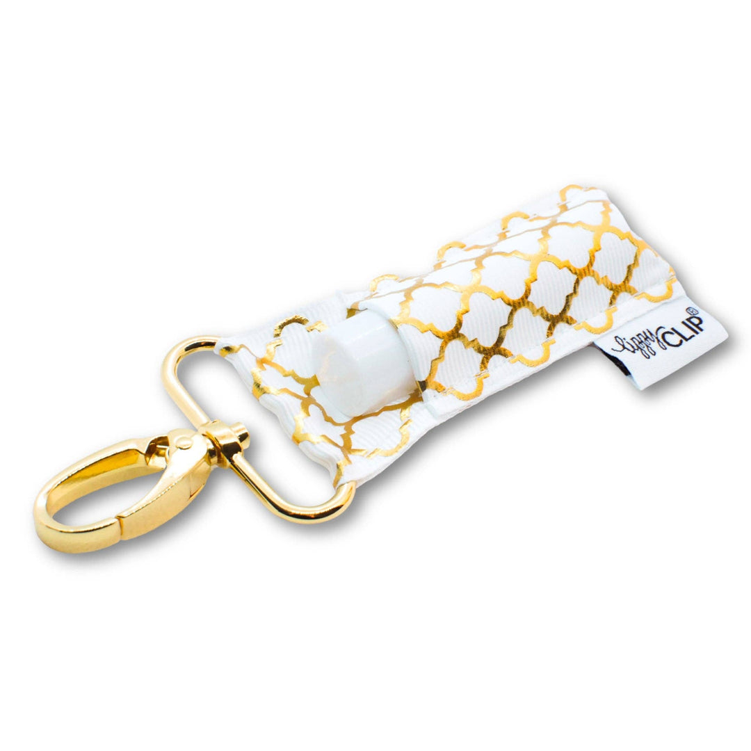Gold Quatrefoil on White LippyClip® Lip Balm Holder (PREORDER: Ships in 2-3 Weeks)