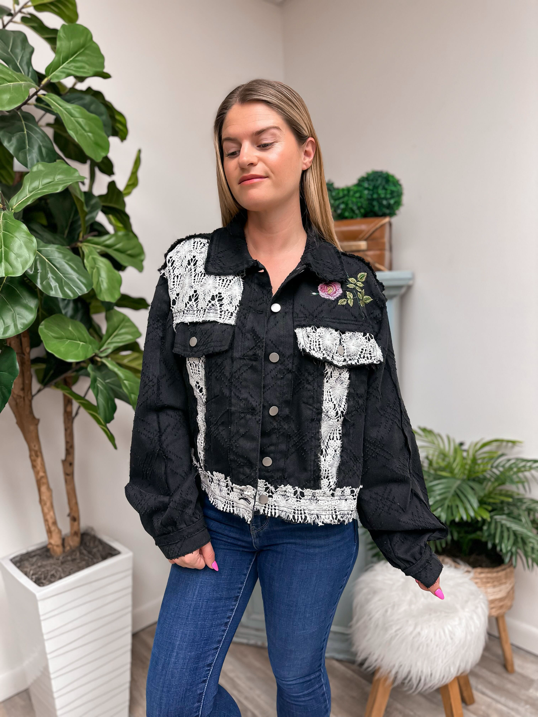 'PEACE' Embroidered Textured Lace Jean Jacket by POL - Black Multi