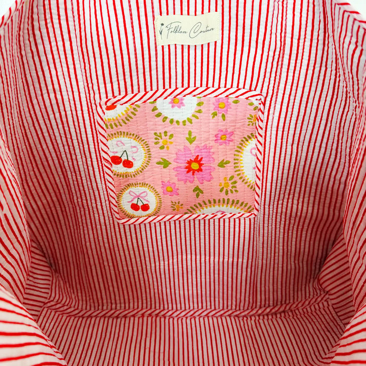 Large Reversible Quilted Tote Bag - Pink Cherries & Bows by Folklore Couture