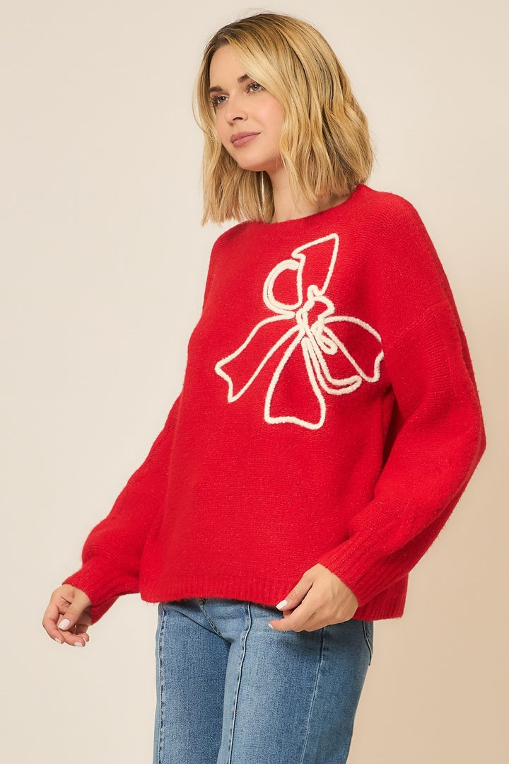 Brushed Embroidered Bow Sweater - Red by Cozy Co
