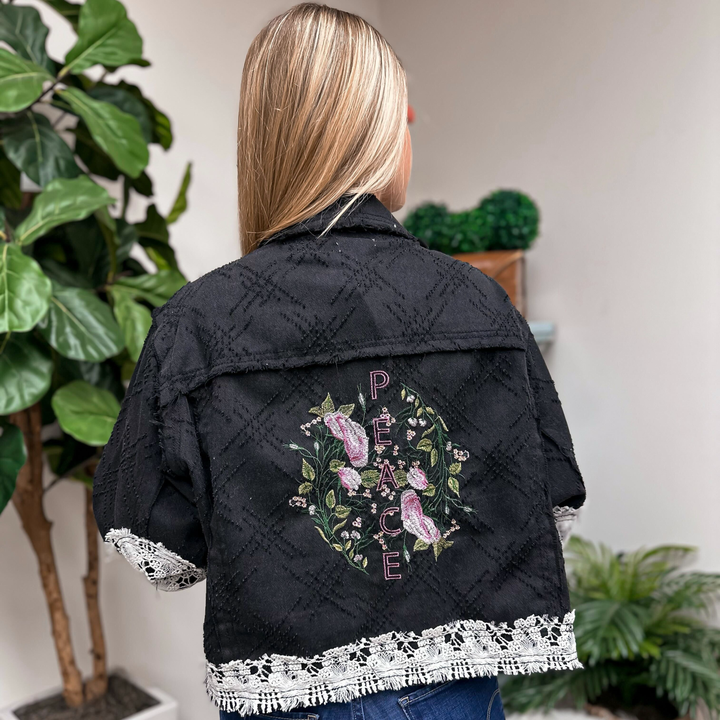 'PEACE' Embroidered Textured Lace Jean Jacket by POL - Black Multi