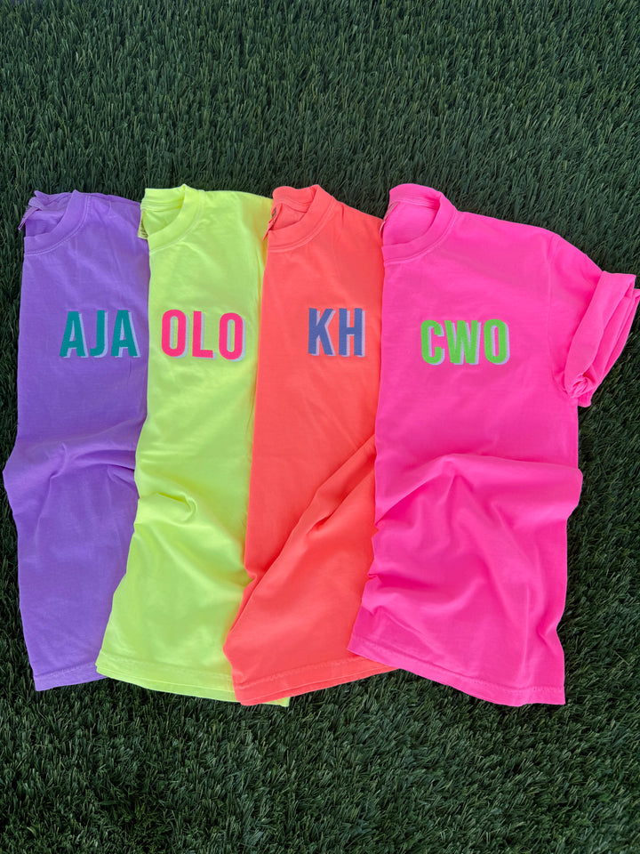 by PrepO: Custom Embroidered Neon Shadow Initial Comfort Colors Tee (Ships in 2-3 Weeks)