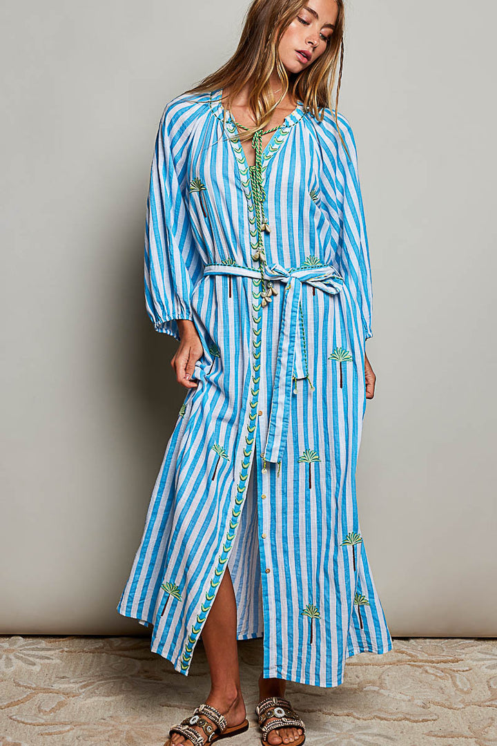 Palm Tree Embroidery Lightweight Striped Maxi Dress - Blue by POL