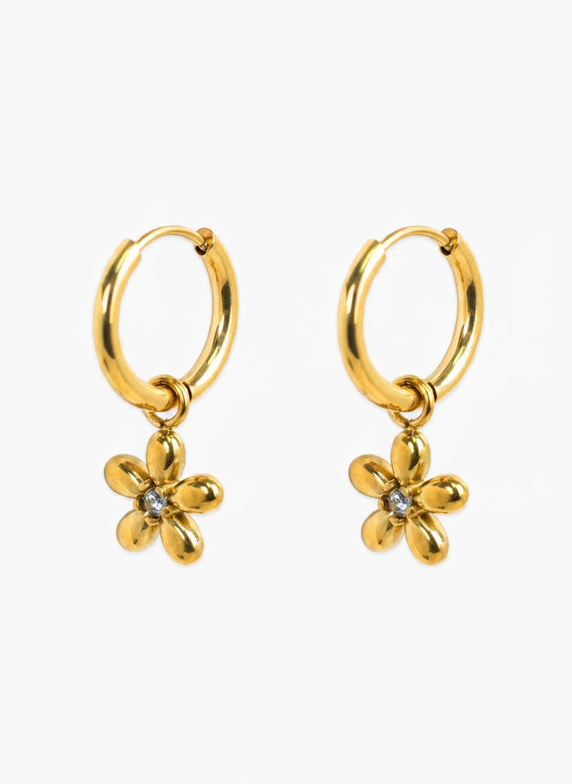 Flower CZ Drop Huggie Hoop Earrings