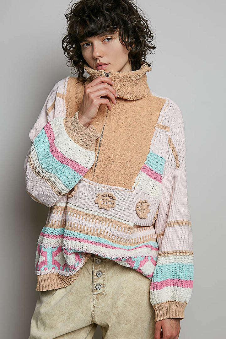 High Collar Half-Zip Color Block Pullover Sweater - Blush Multi by POL