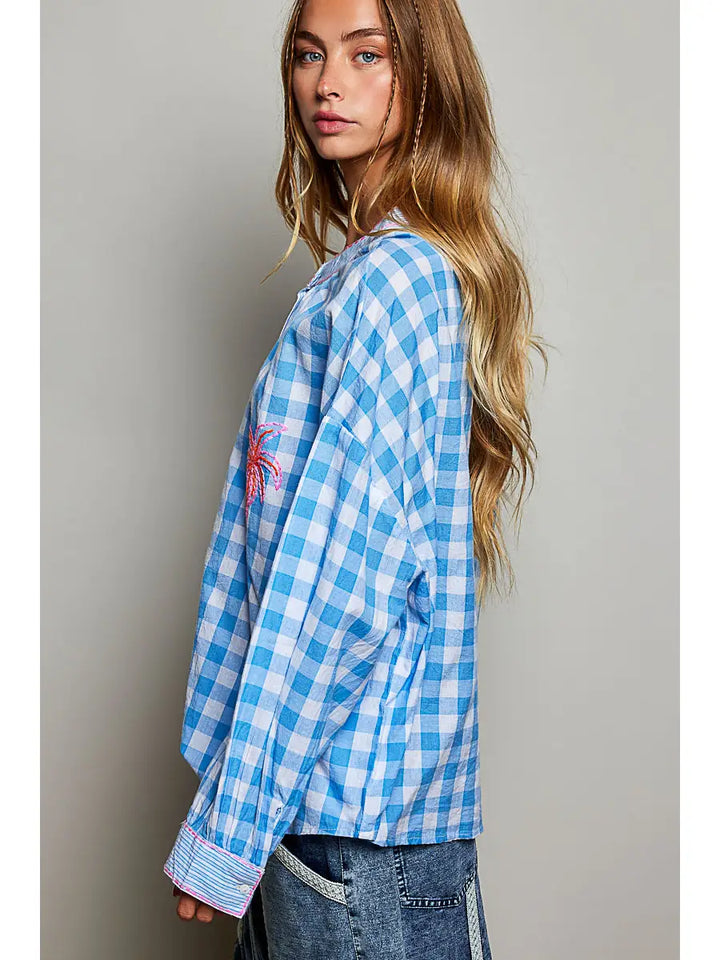Palm-Tree Embroidery Plaid Blouse Top - Blue by POL