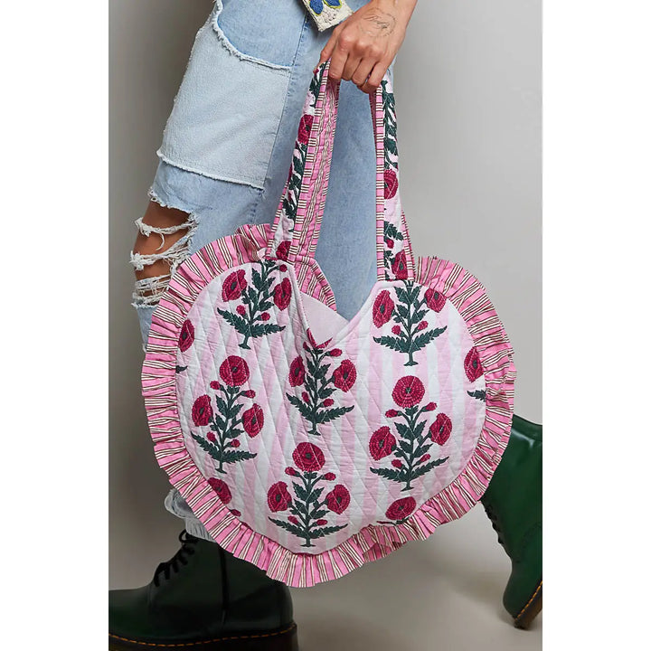 Heart Ruffle Edge Quilted Tote Bag - Ivory Multi by POL