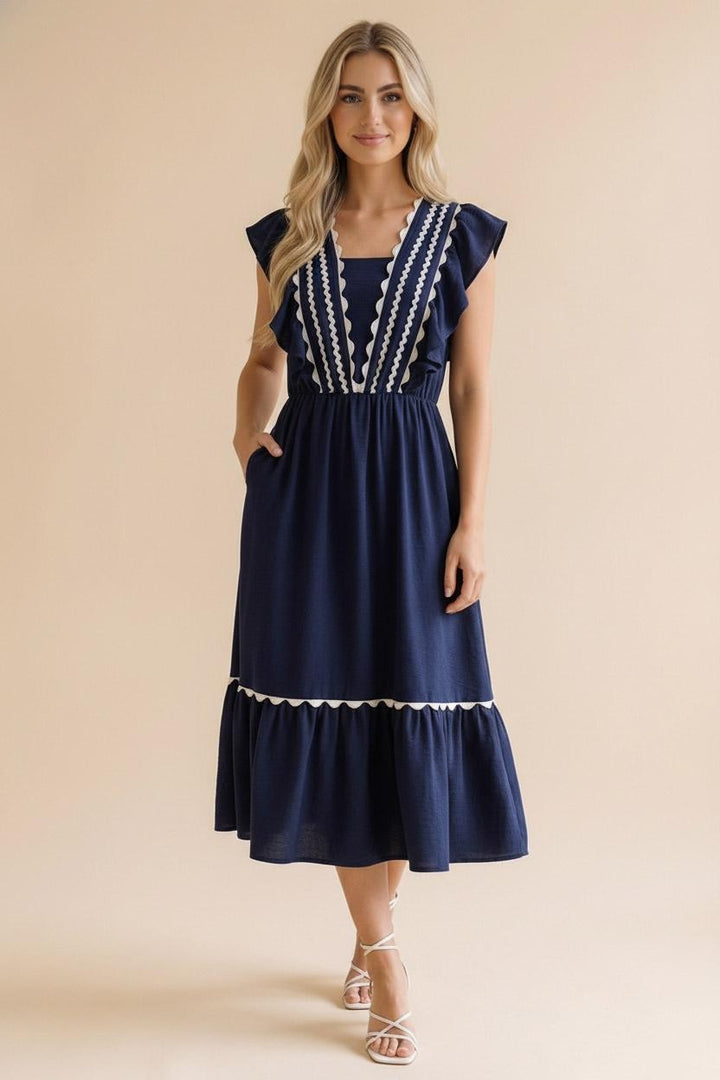 Ric Rac Ruffle Short Sleeve Midi Dress - Navy