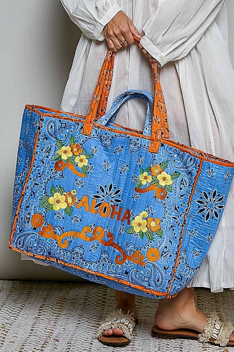 'Aloha' Embroidered Quilted Tote Bag - Blue by POL