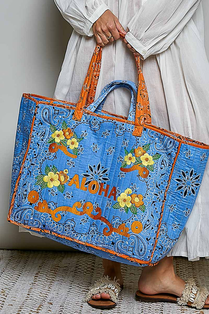 'Aloha' Embroidered Quilted Tote Bag - Blue by POL
