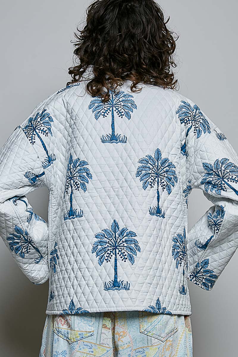 Palm Print Diamond Quilted Kimono Jacket - Ivory by POL