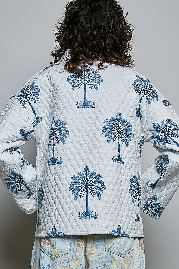 Palm Print Diamond Quilted Kimono Jacket - Ivory by POL