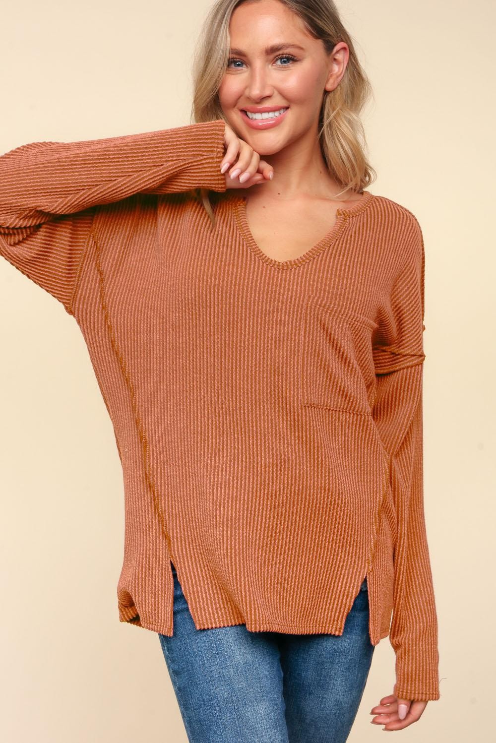 Mineral Washed Ribbed Long Sleeve Pocket Top - Rust
