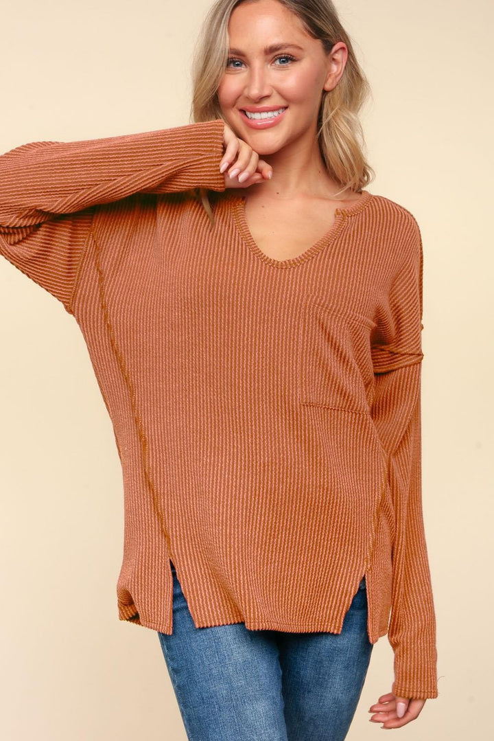 Mineral Washed Ribbed Long Sleeve Pocket Top - Rust