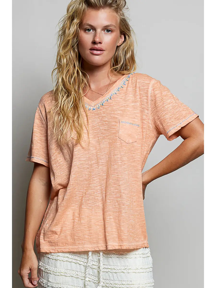 Stitched-Detail V-Neck Tee - Coral Peach by POL