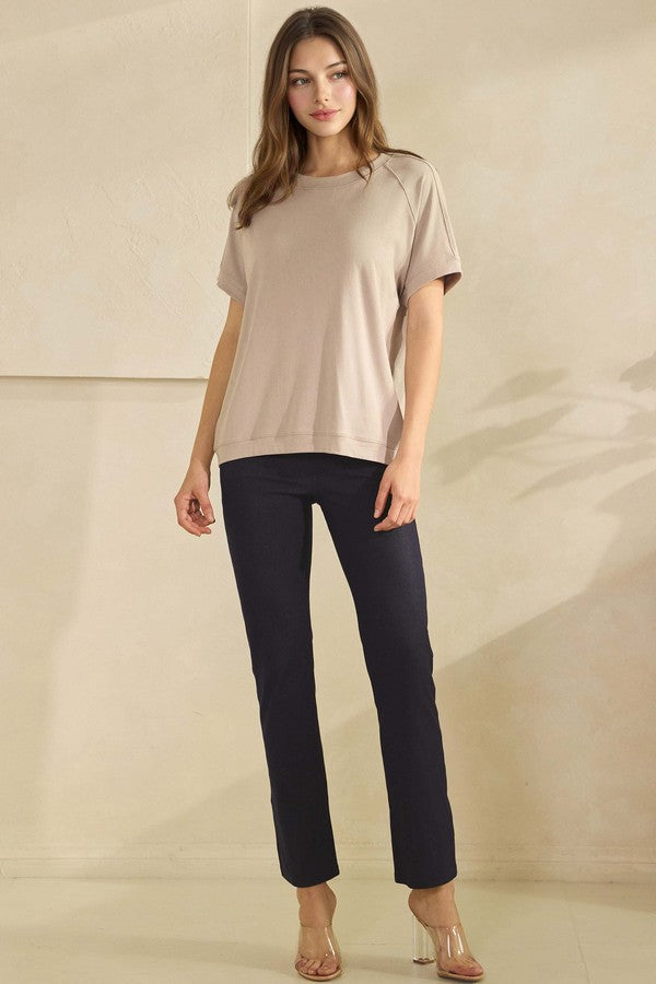 Everyday Soft Ribbed Loose Fit Short Sleeve Top - Light Mocha by Yelete