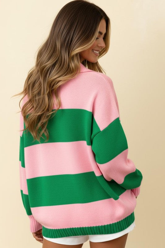 Collared Stripe Color Block Sweater - Pink & Green
