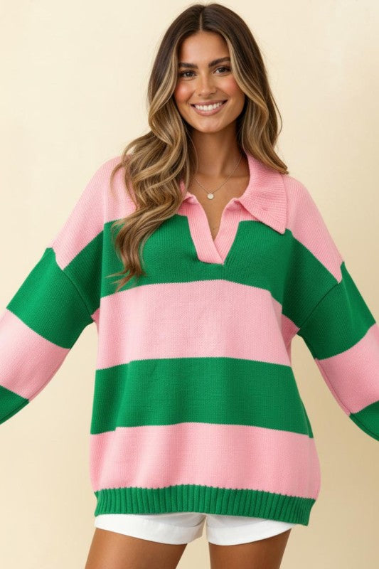 Collared Stripe Color Block Sweater - Pink & Green