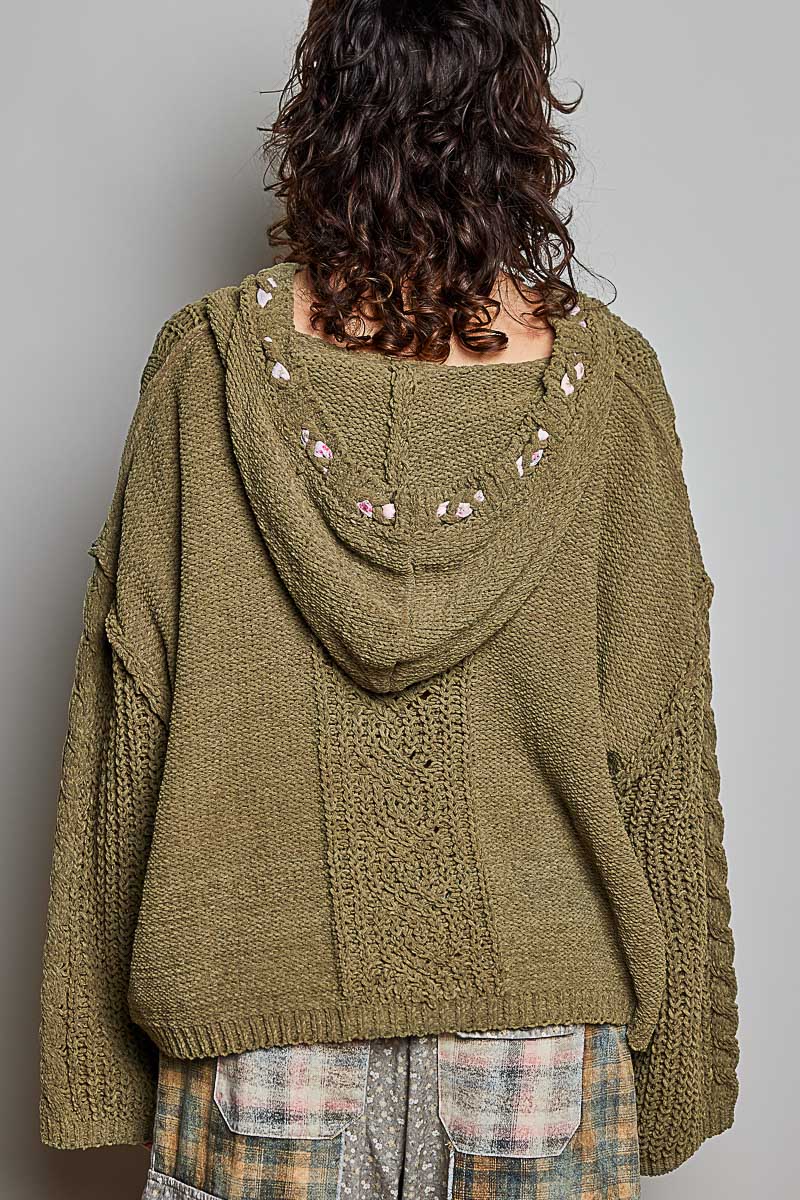 Chunky Hooded Cable Knit Pullover Sweater - Moss Khaki by POL