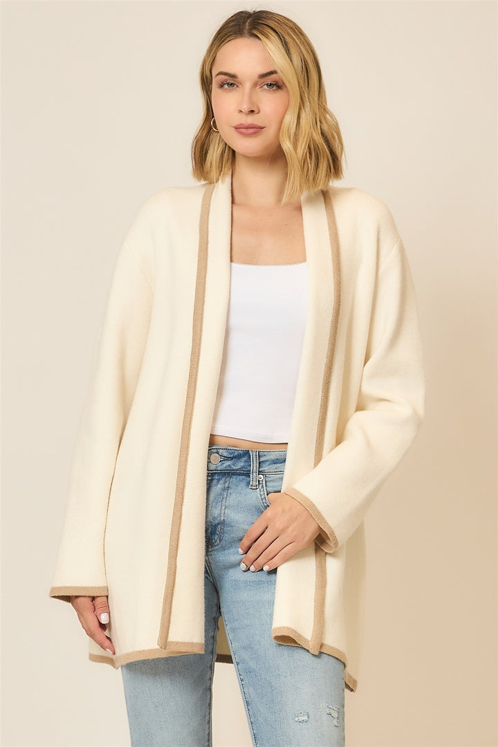 Contrast Hem Stripe Heavy Knit Cardigan - Cream/Taupe by Cozy Co