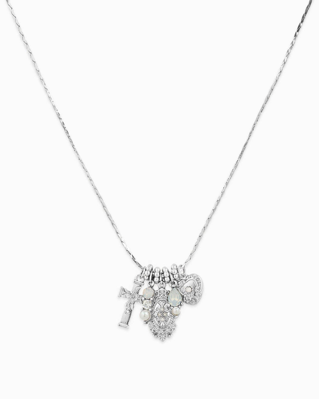 Saintly Cross Heart Charm Necklace - Silver