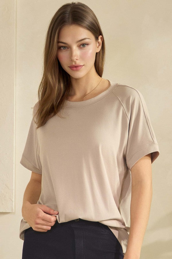 Everyday Soft Ribbed Loose Fit Short Sleeve Top - Light Mocha by Yelete