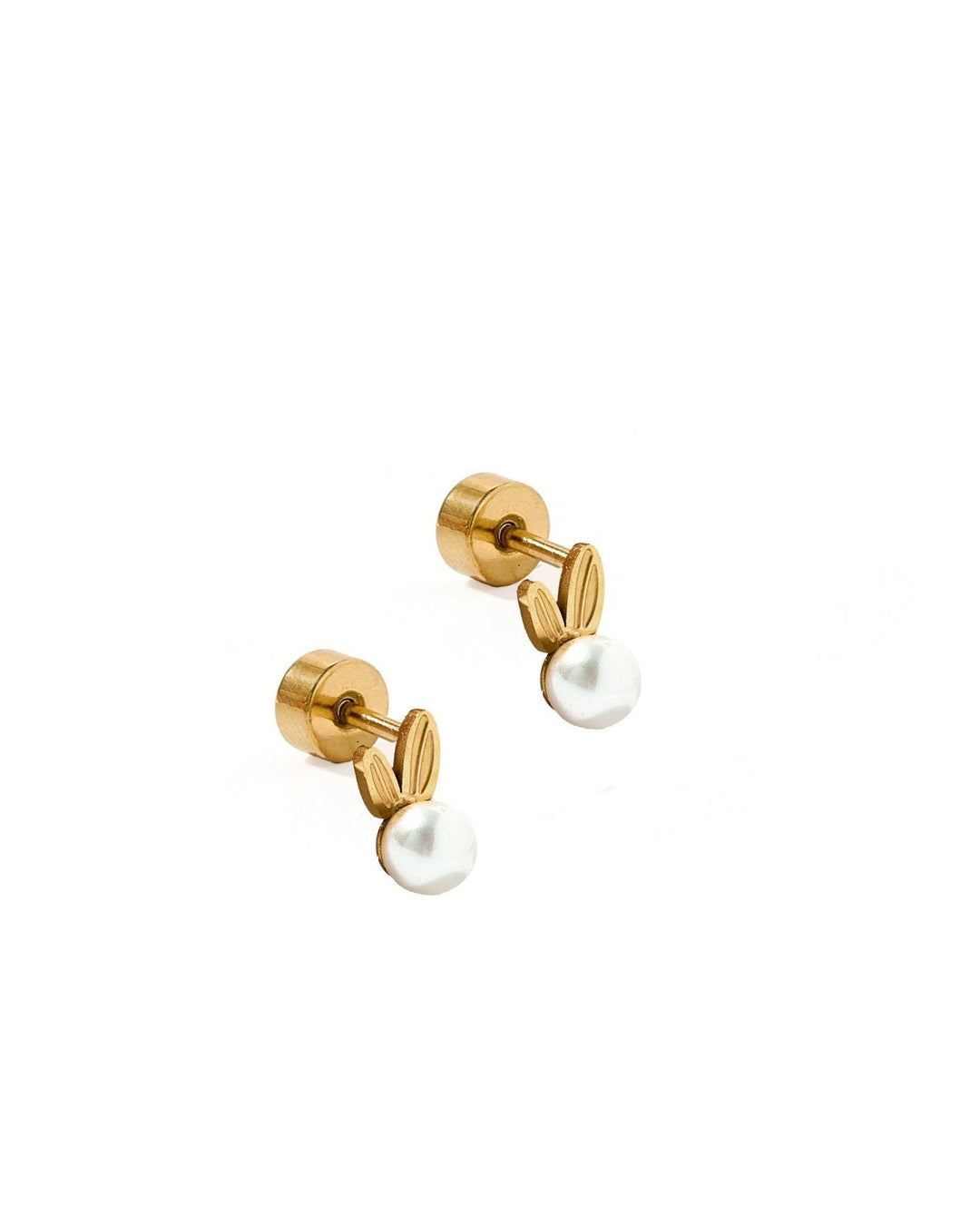 Gold bunny ear and white pearl stud earring pair product shot on white background showing screw-back closure.