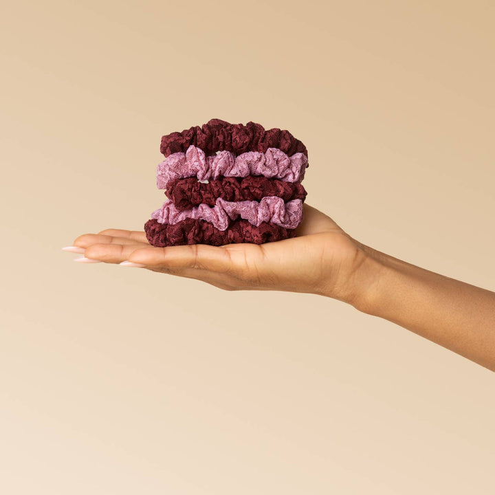 Ruched Lace Scrunchies 5pc Set - Cherry Lacquer & Dusty Pink
