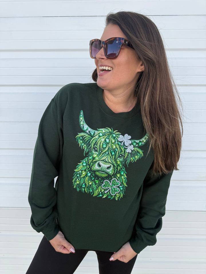 by PrepO: Sparkle Shamrock Cow Graphic Sweatshirt (Ships in 2-3 Weeks)