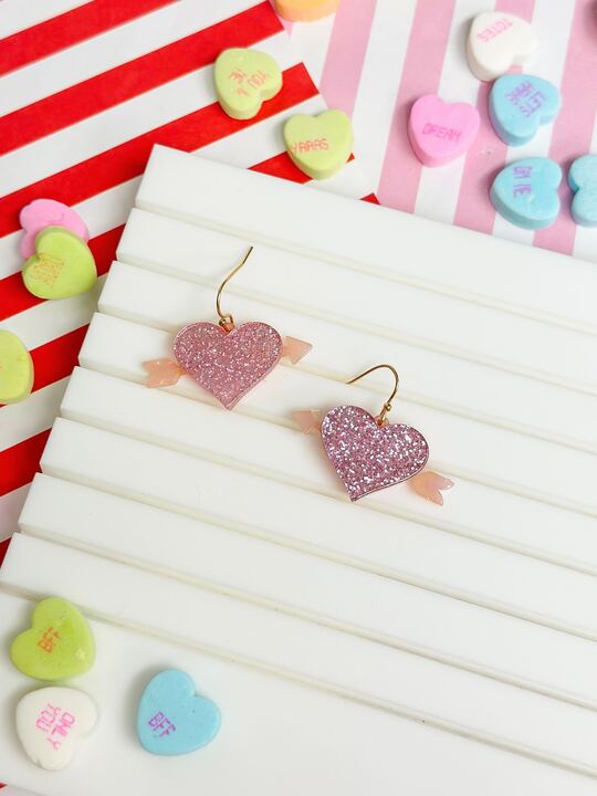 Acrylic Glitter Bow & Arrow Heart Dangle Earrings - Pink