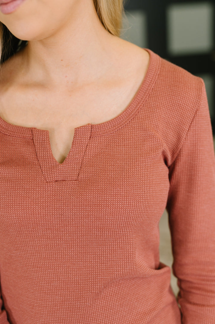All That I Know Split Neck Top in Marsala - 8/21