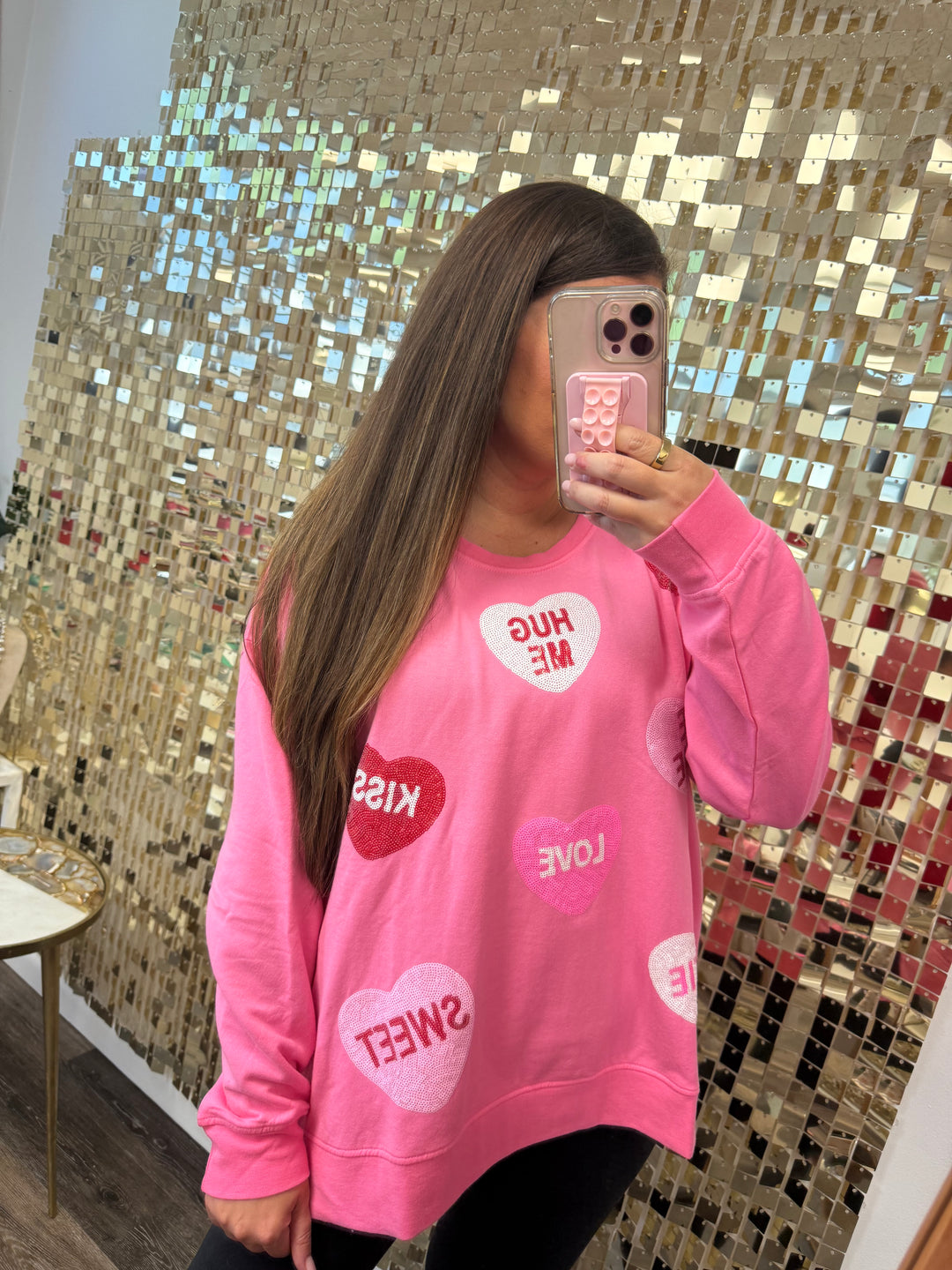 Candy Heart Pink Valentine's Sparkle Sweatshirt by Mud Pie
