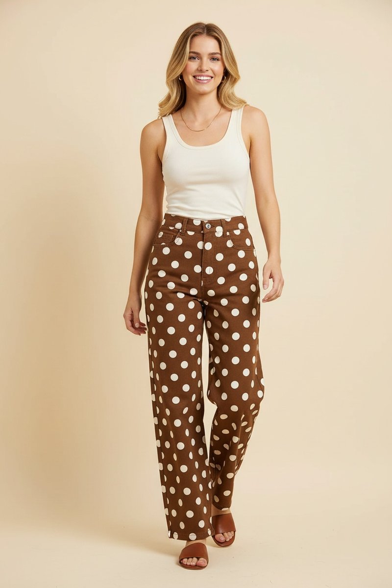 Straight Leg Polka Dot Pants - Brown &amp; White by HeimishUSA