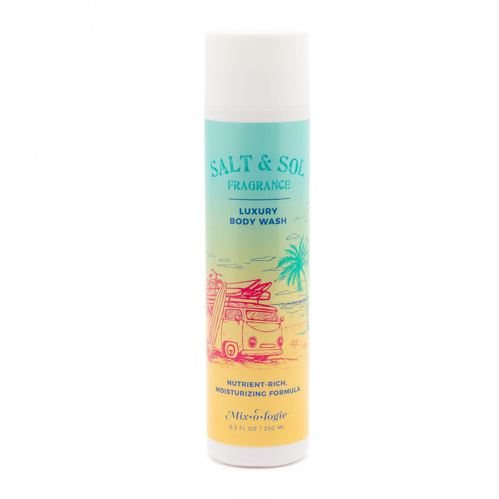 Mixologie Luxury Body Wash in Salt & Sol fragrance, 8.3 fl oz, white pump bottle with teal to yellow gradient label and retro VW van beach illustration on white background