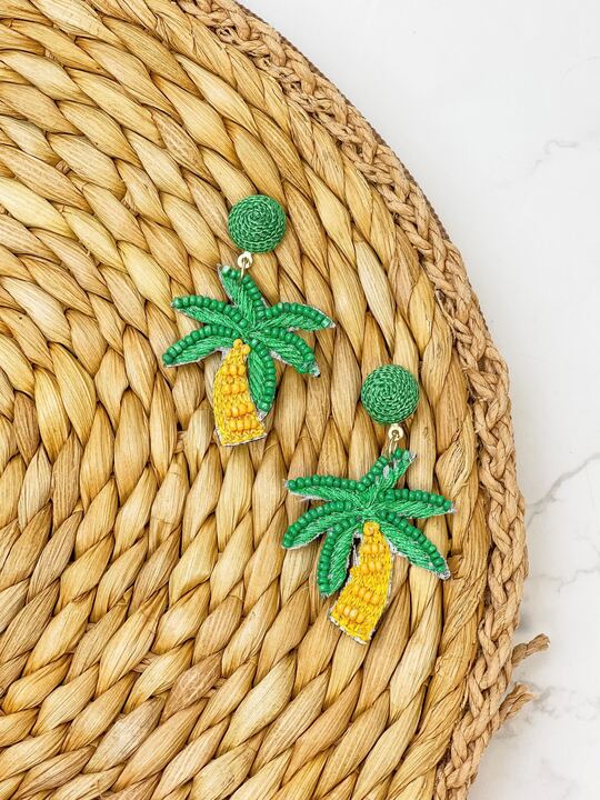 Beachy Palm Tree Beaded Dangle Earrings