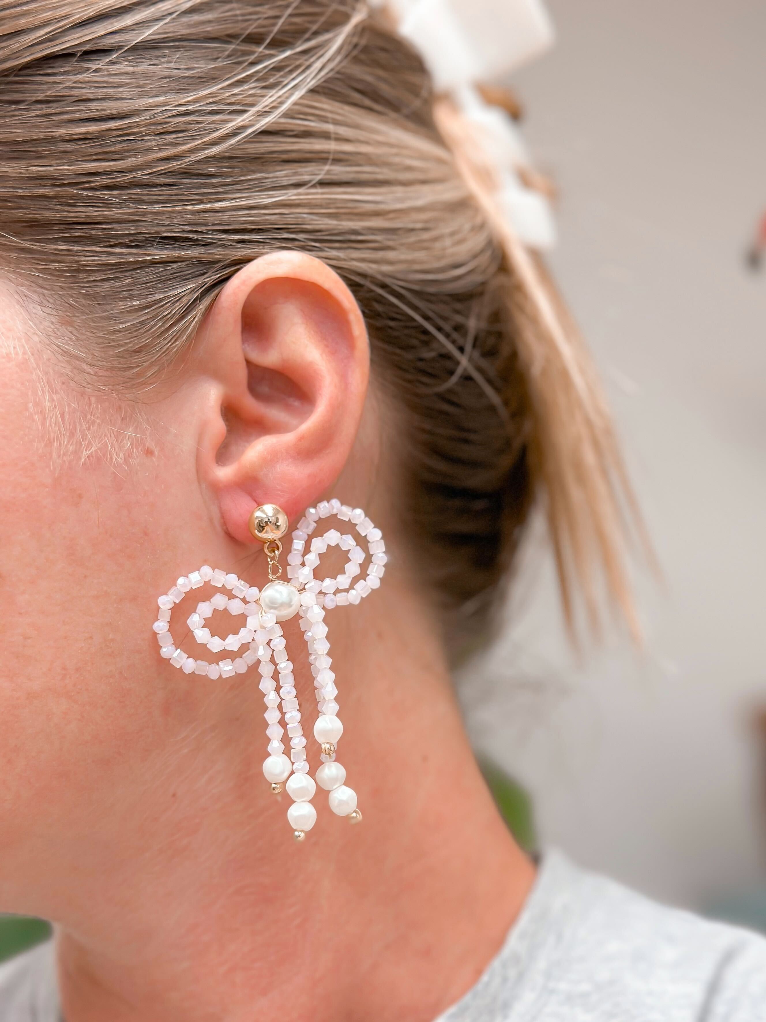 Beaded Bow & Pearl Dangle Earrings