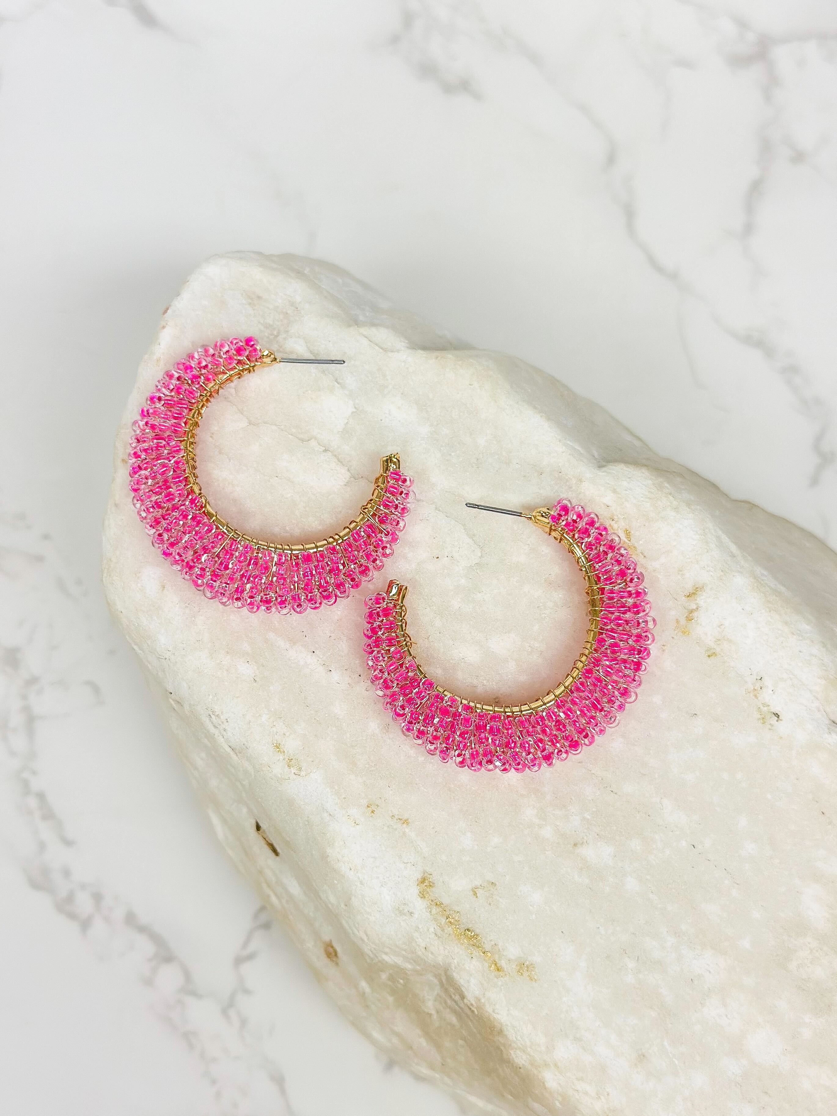 Beaded Cluster Open Hoop Earrings - Hot Pink