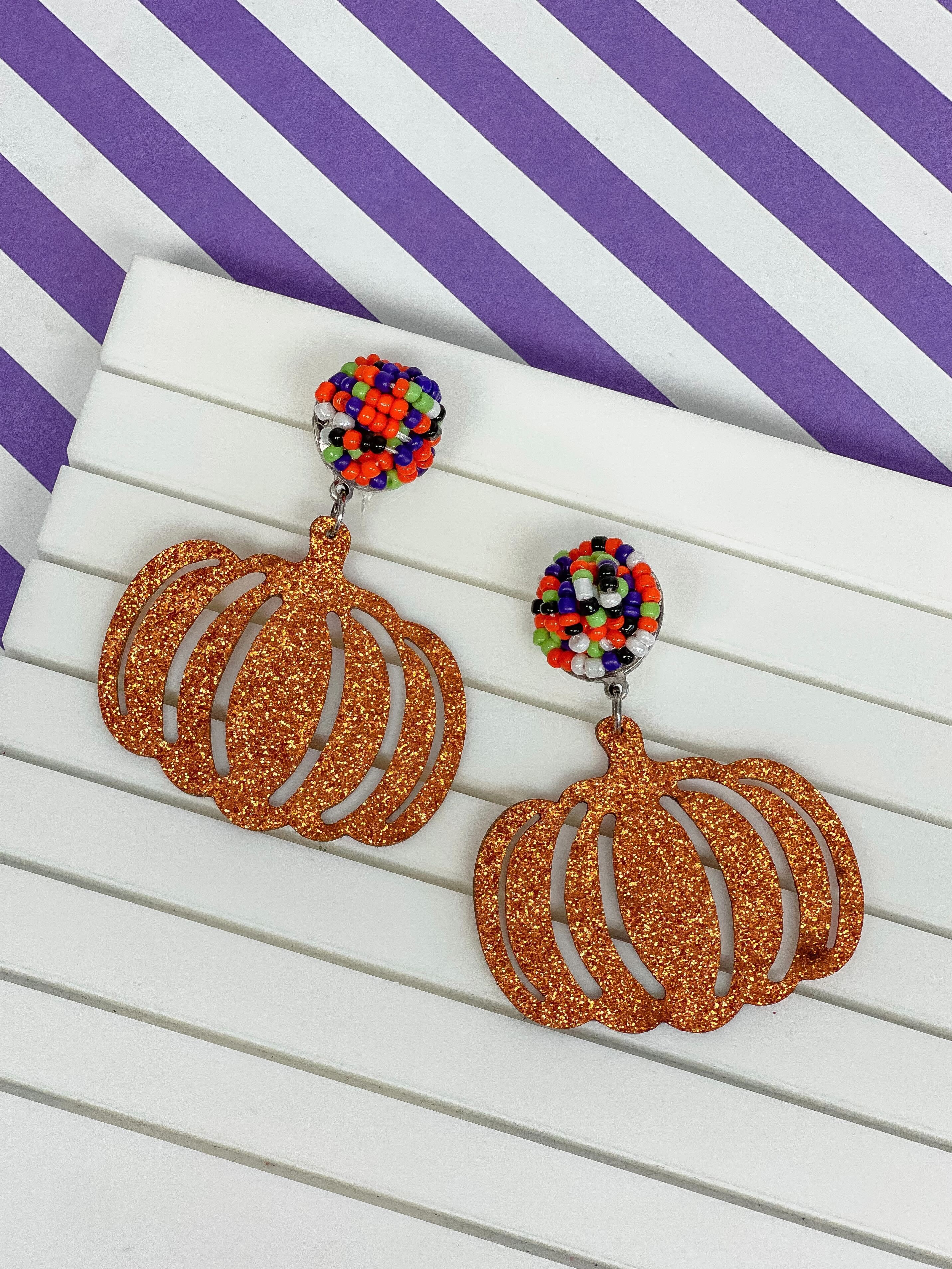 Beaded Post Glitter Pumpkin Dangle Earrings