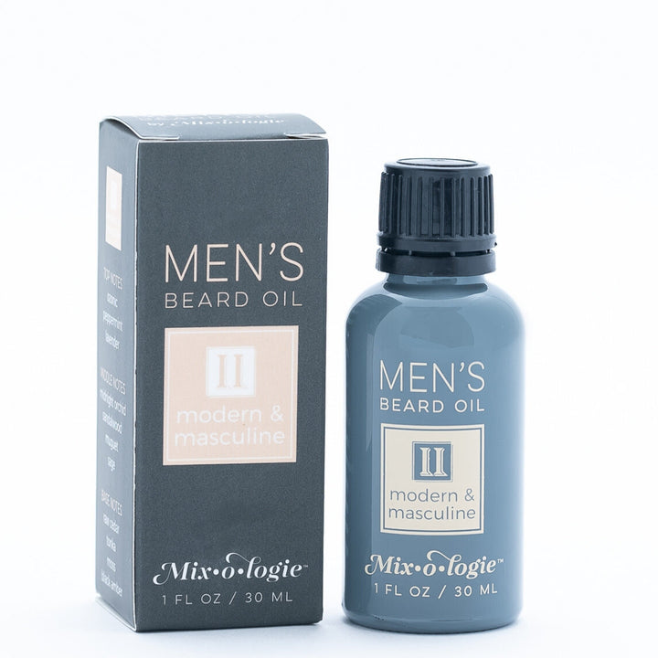 Mixologie Men's Beard Oil II Modern & Masculine, 1 fl oz, slate gray bottle with black cap next to matching dark gray box with tan accent label on white background