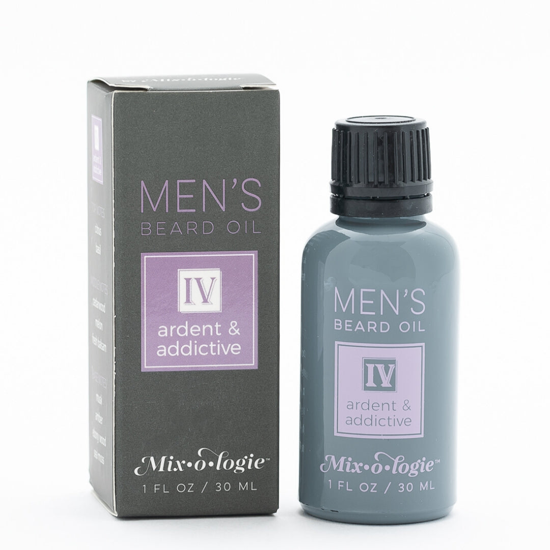 Mixologie Men's Beard Oil IV Ardent & Addictive, 1 fl oz, slate gray bottle with black cap next to matching dark gray box with lavender accent label on white background