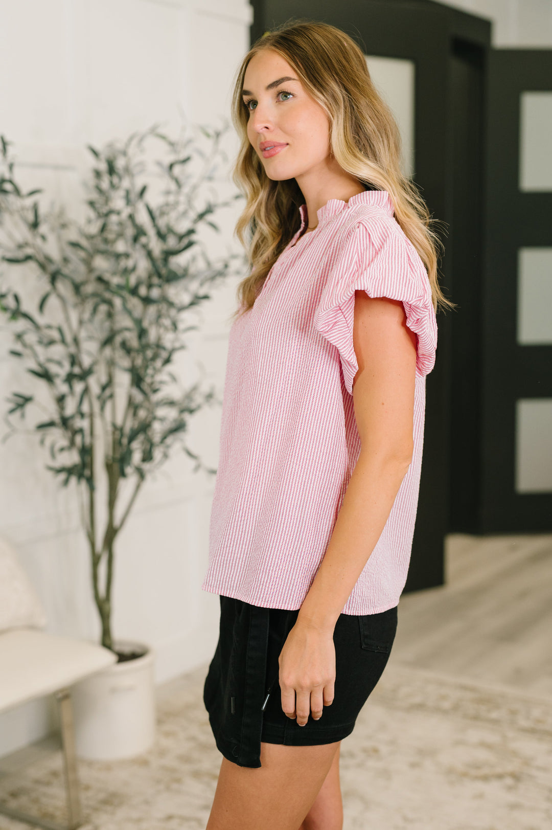 Beauty & Brains Textured Split Neck Blouse - 7/7