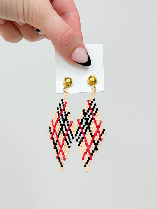 Beige Plaid Fringe Beaded Dangle Earrings