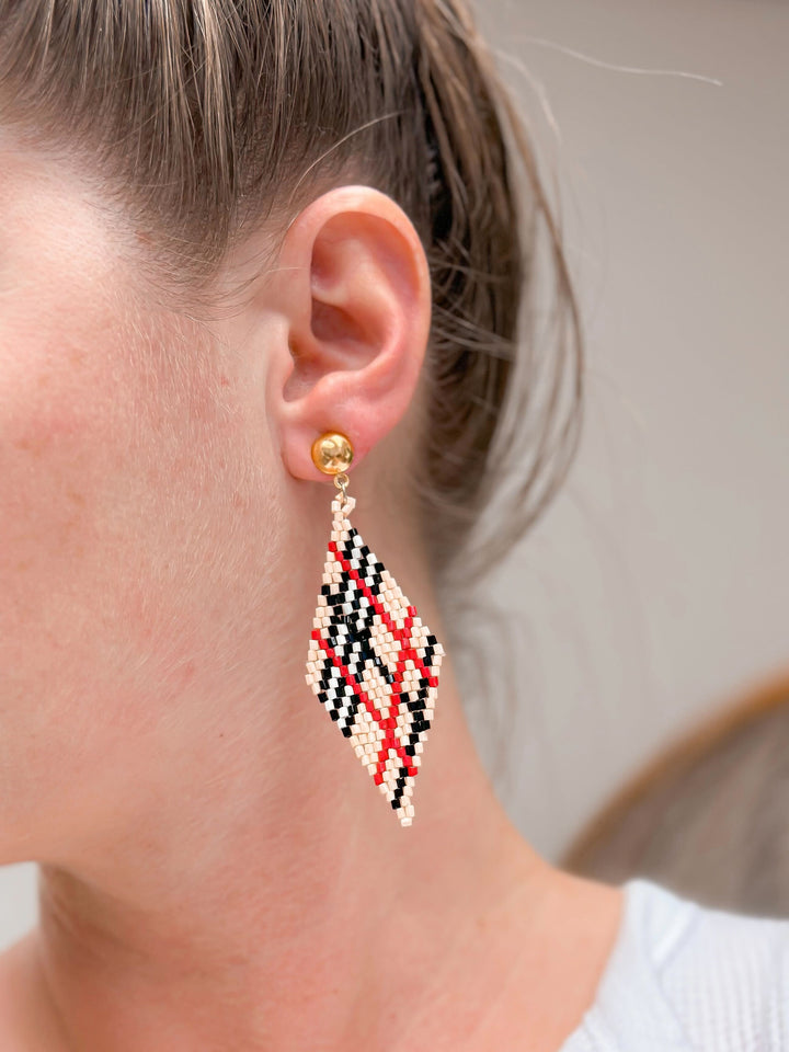 Beige Plaid Fringe Beaded Dangle Earrings