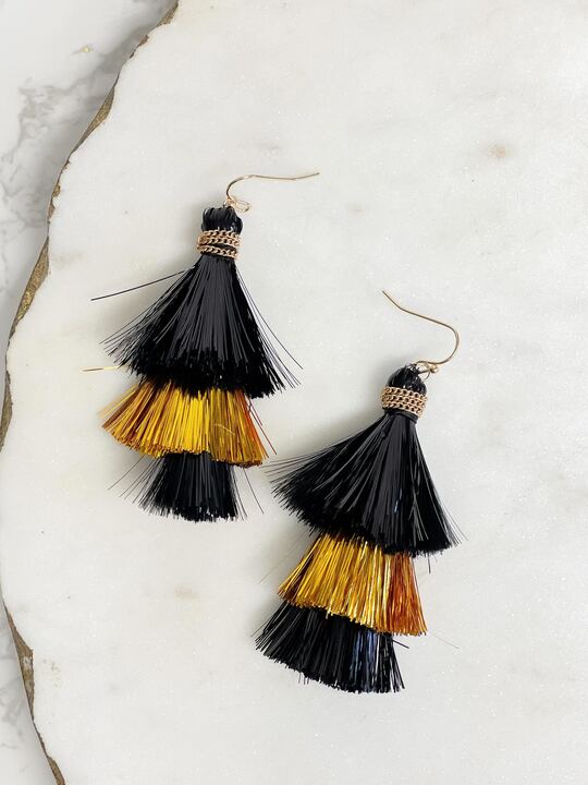 Tinsel Tiered Tassel Earrings - Black & Gold