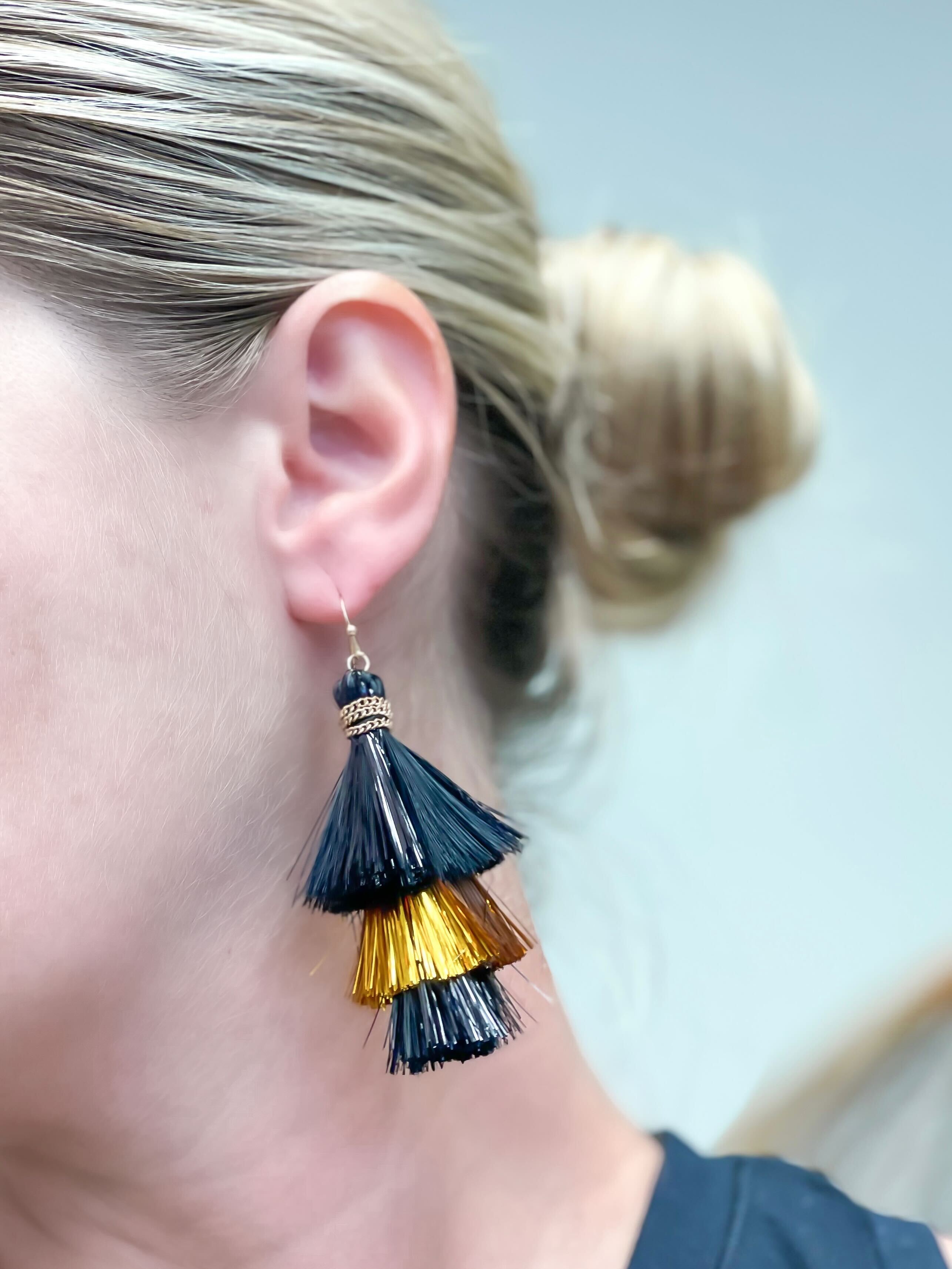 Tinsel Tiered Tassel Earrings - Black & Gold
