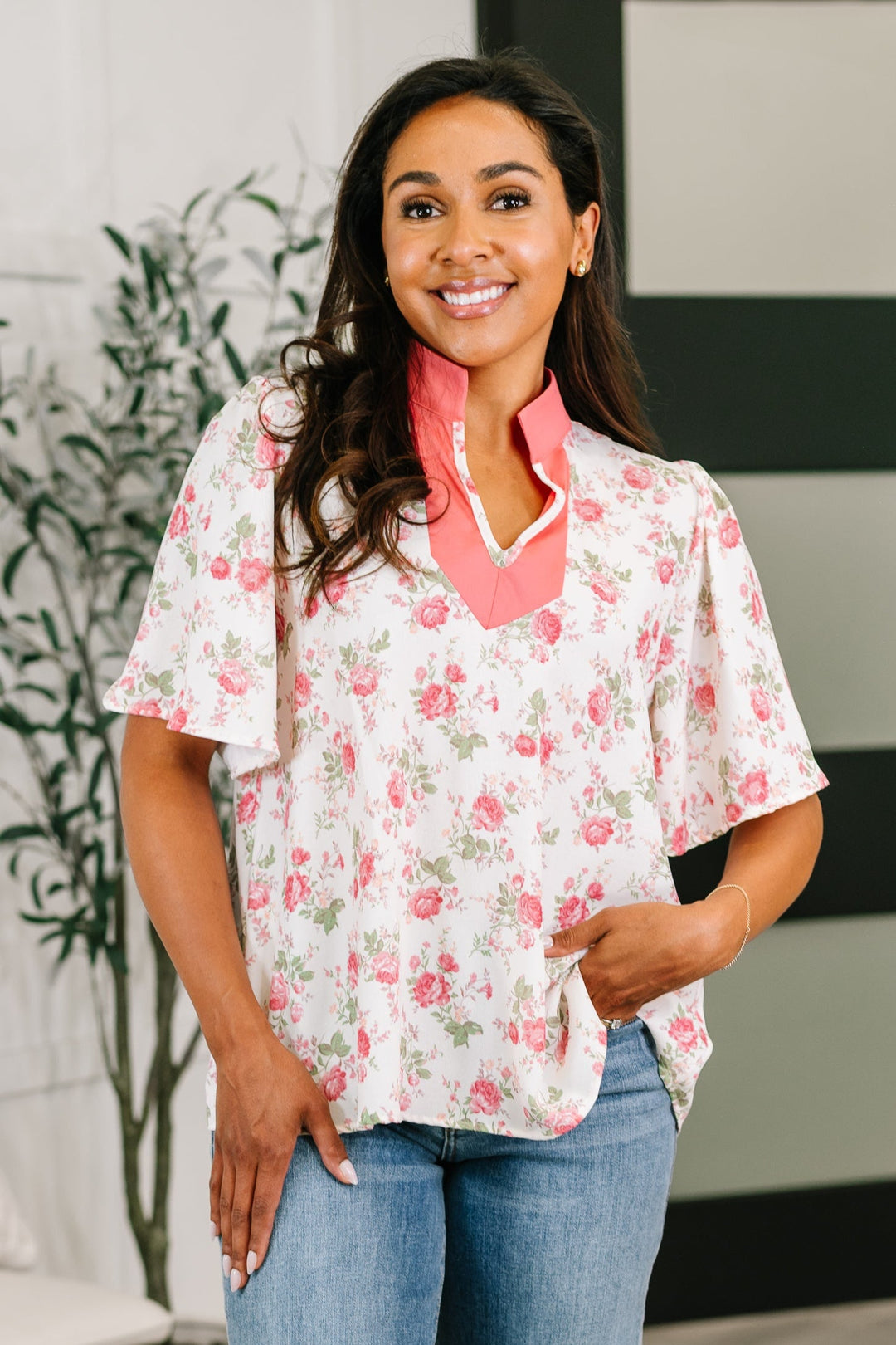 Blooming Season Split Neck Floral Blouse - 6/26