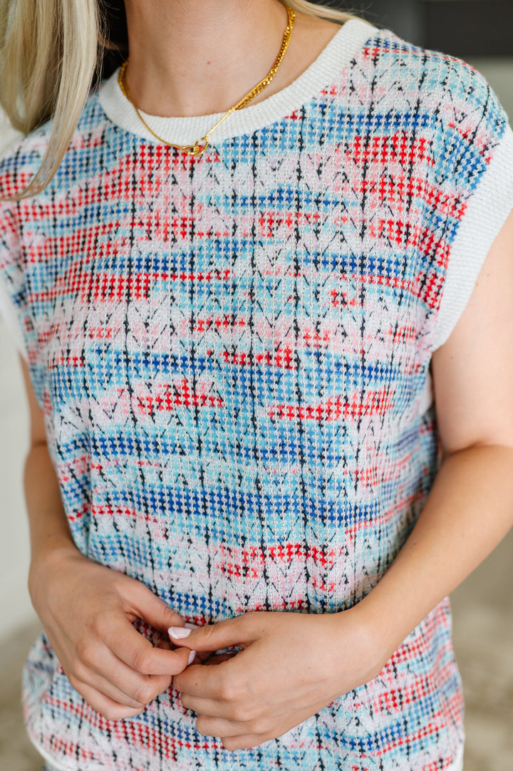 Blurred Beauty Textured Knit Top in Blue, Red and White - 8/10